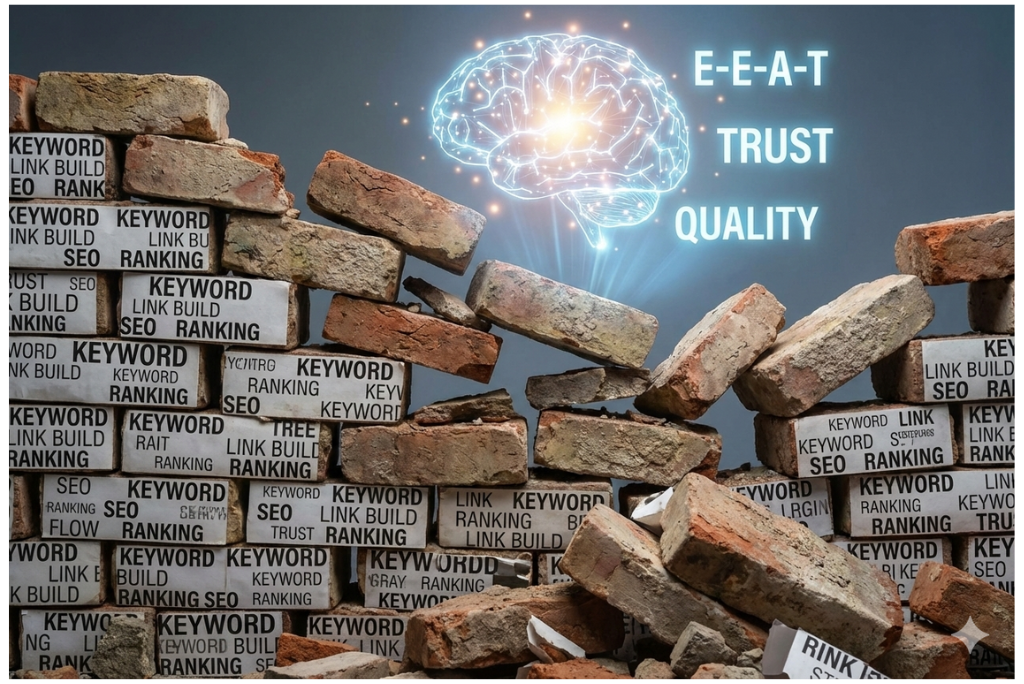 古いSEO対策（キーワード詰め込み）が崩れ去るイメージ